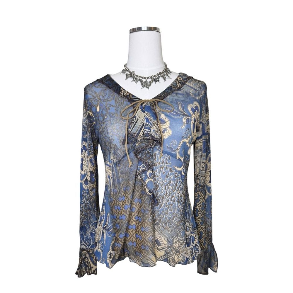 Y2K Sharon Young Blue + Beige Paisley Print Sheer Mesh Flare Top Size Medium